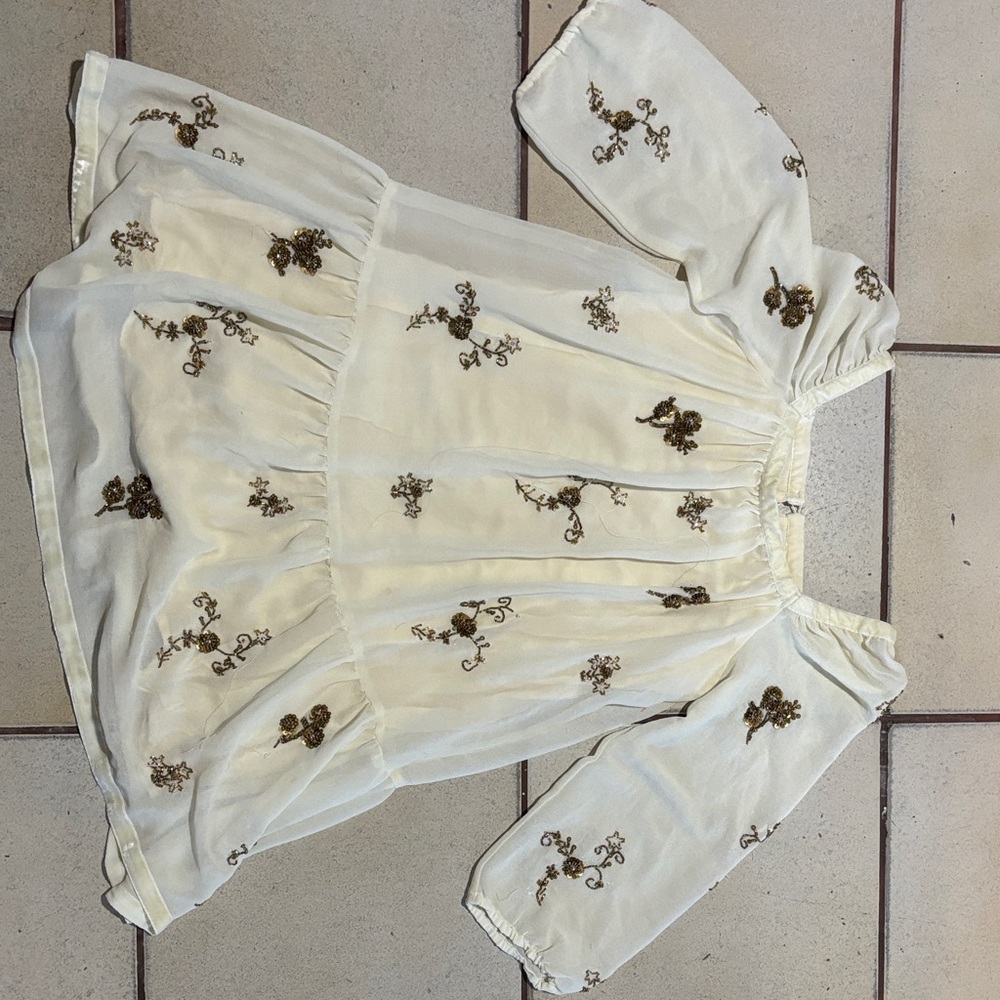 Zara Cream Blouse with Brown Embroidery